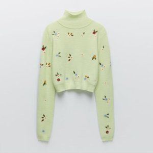 Zara Green Floral Embroidered Turtleneck